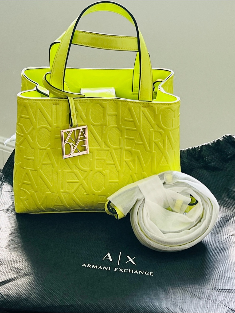 A/X Armani Exchange Neon Lime Embossed Logo Tote with Branded Charm